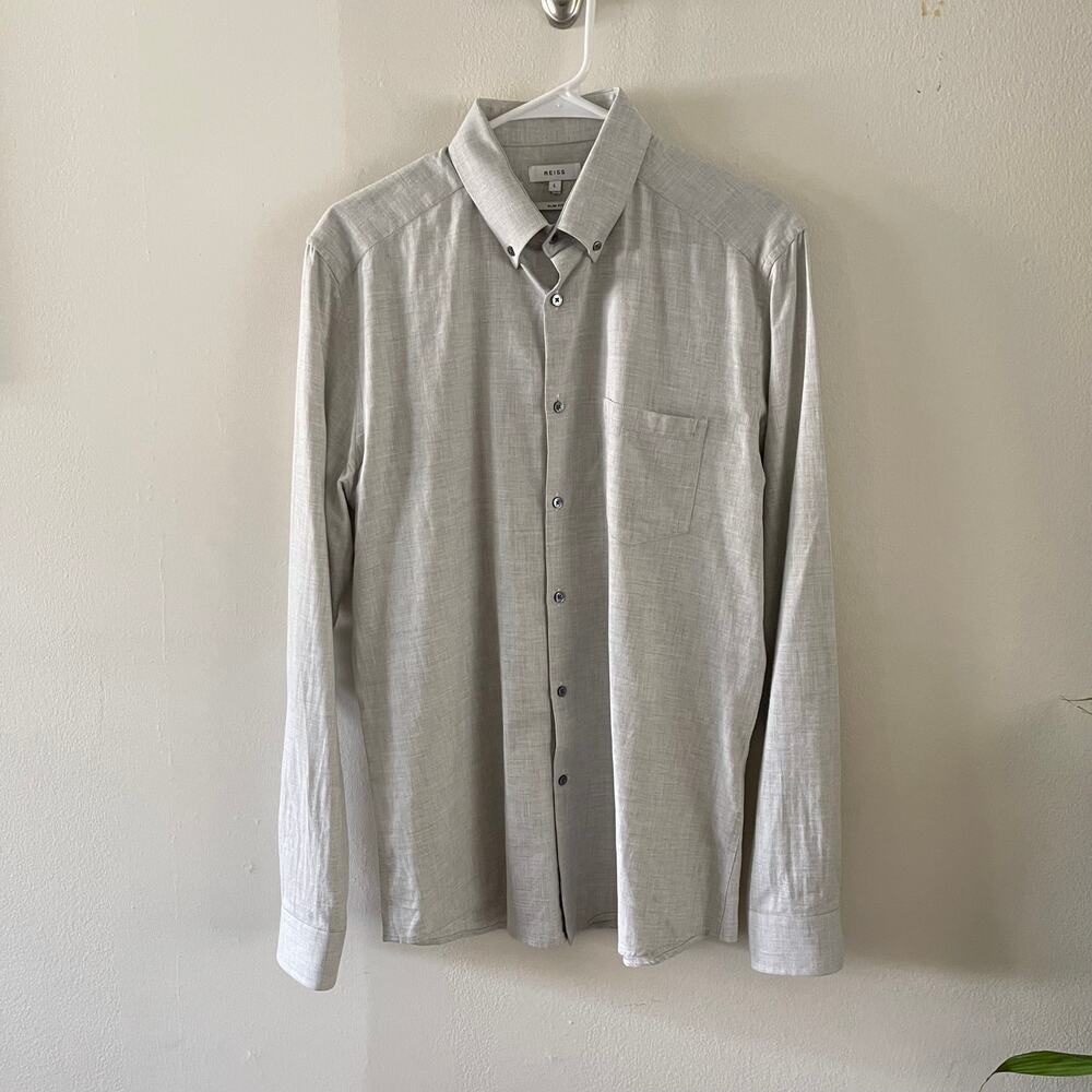 Reiss Mens L Slim Fit Button Down Shirt Gray Carmichael Classic Minimalist